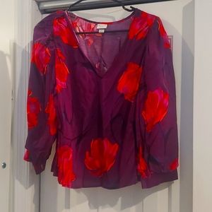 Purple Floral V Neck Blouse